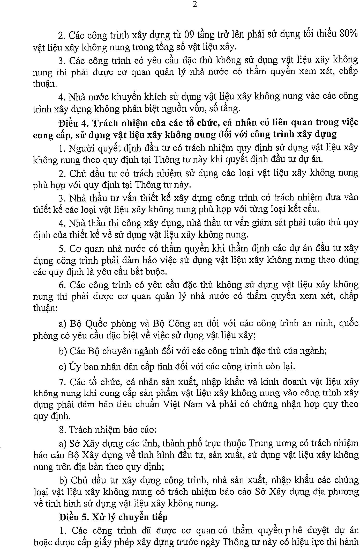 QUI ĐỊNH SỬ DỤNG VẬT LIỆU XÂY DỰNG KHÔNG NUNG